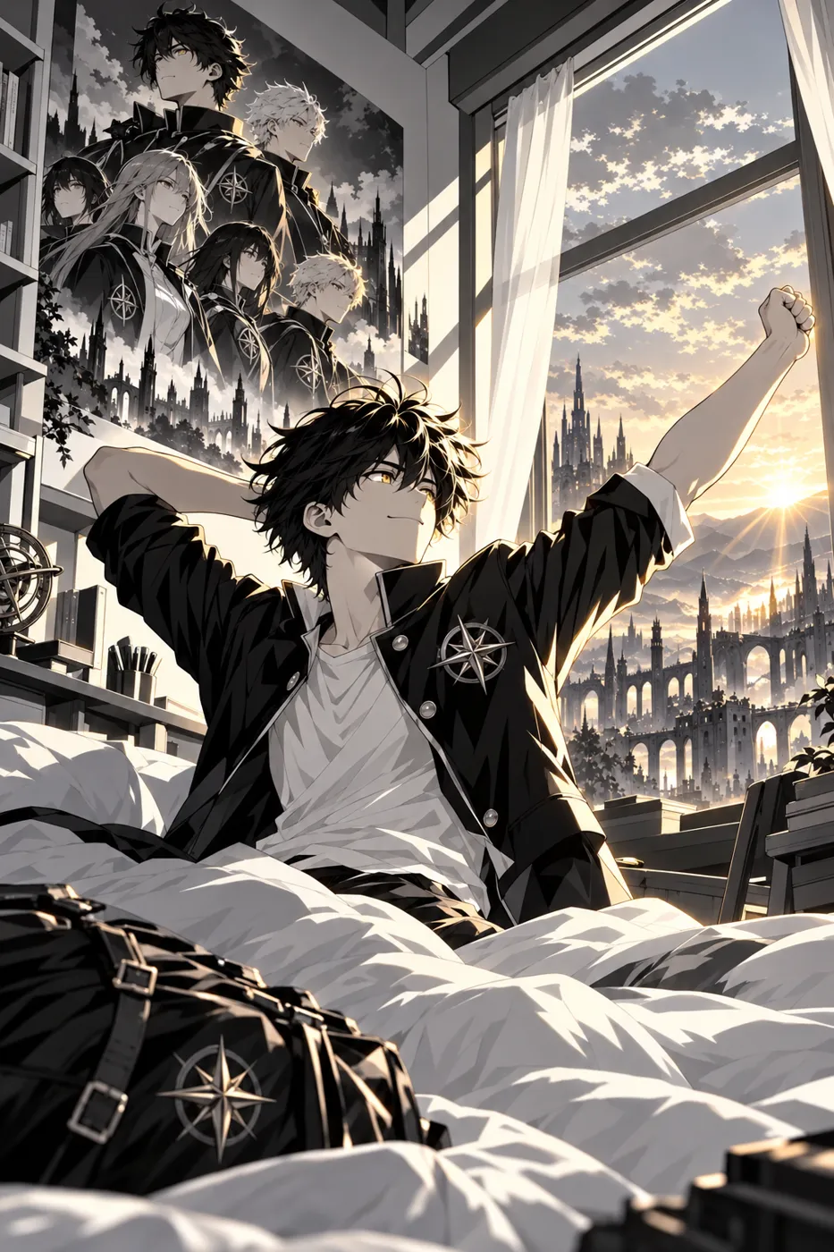 Akio wakes up under a T.A.X poster
