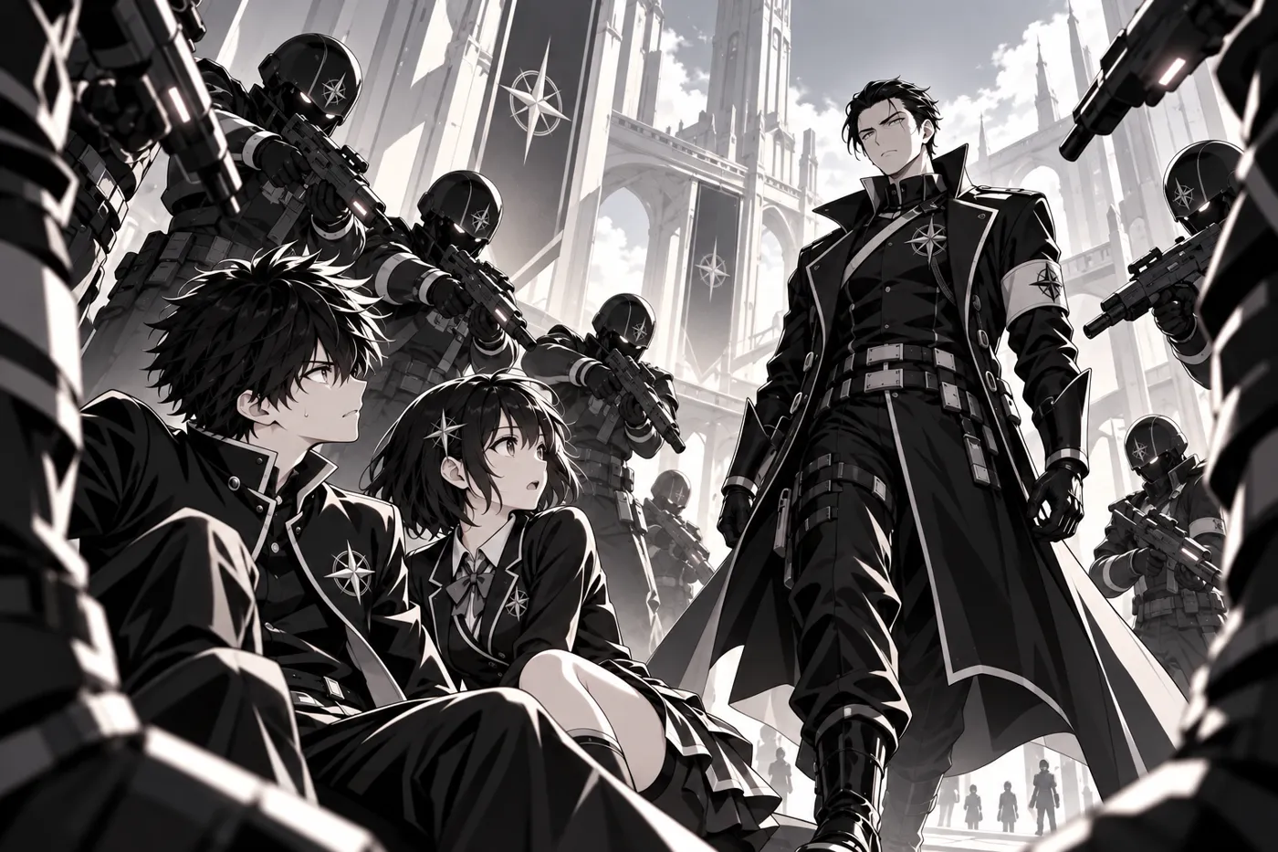 The T.A.X surrounds Akio and Mina, weapons drawn