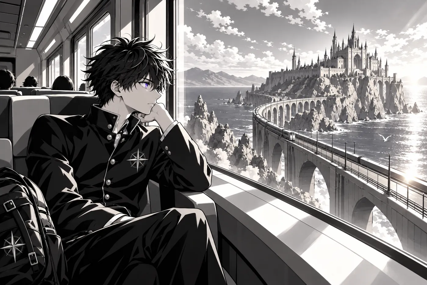 Akio alone on a train heading to a fortress