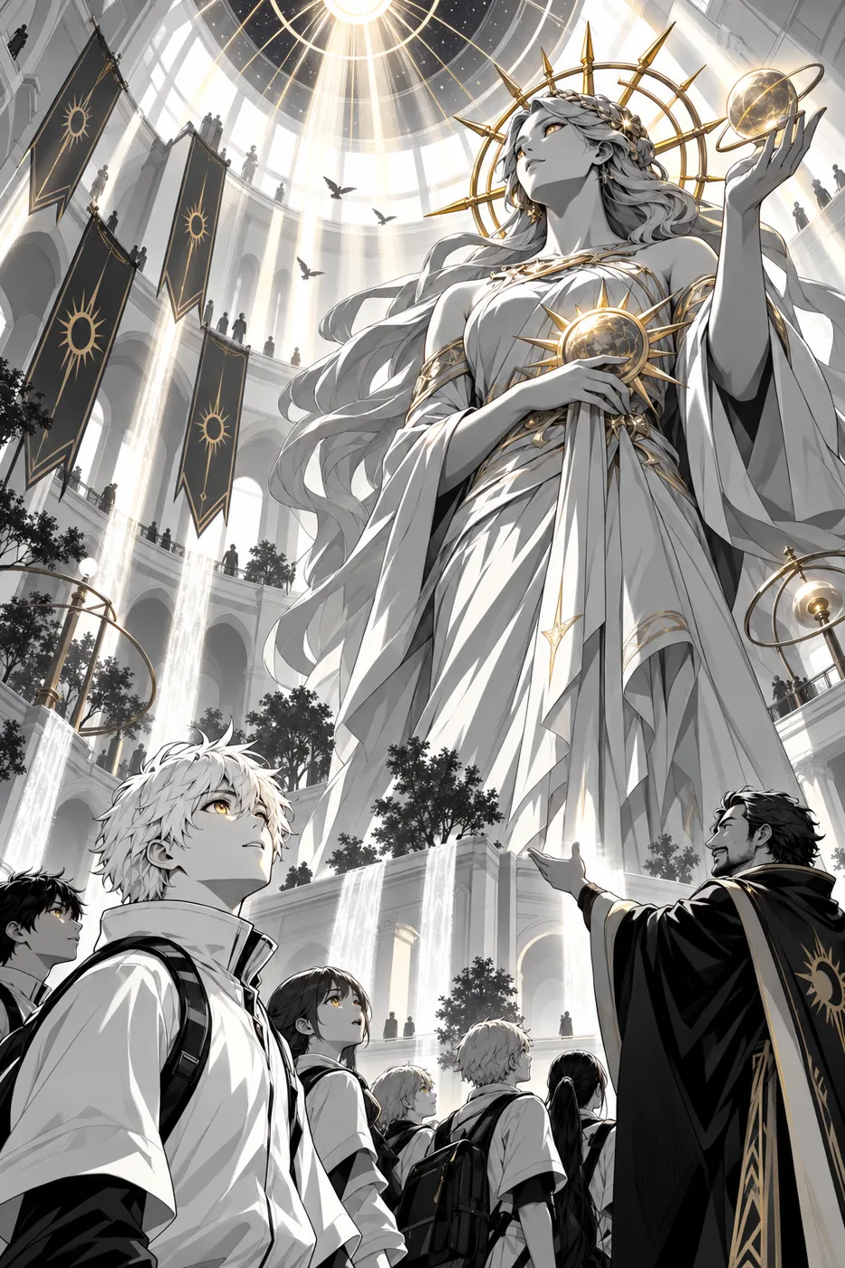 A giant statue of Ophæ, a teacher and his students
