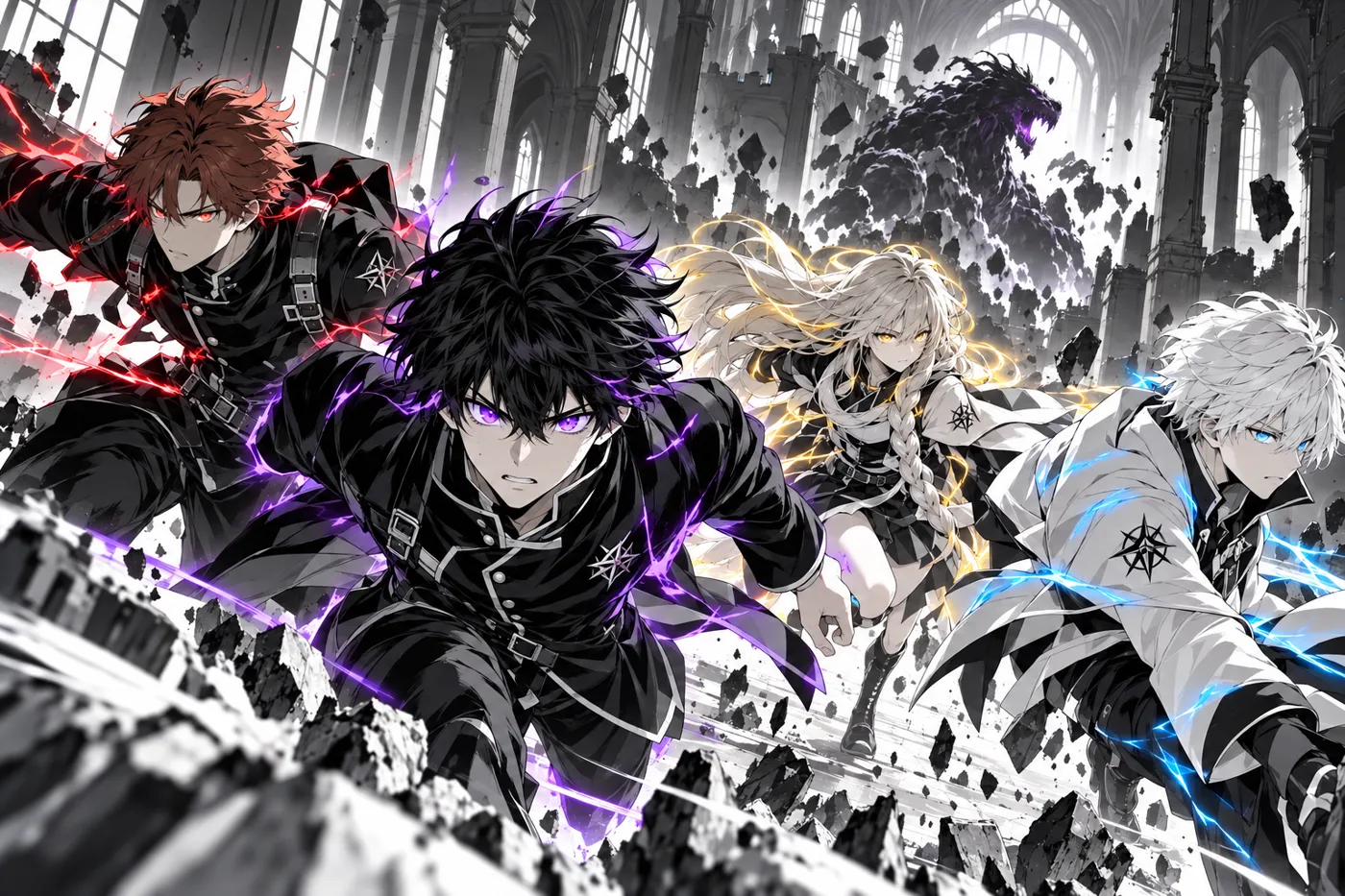 Akio, Kaël, Séria and Inoé run through a ruined prison